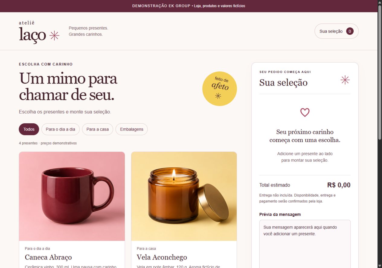 Tela real do Ateliê Laço, com categorias, produtos e resumo da seleção